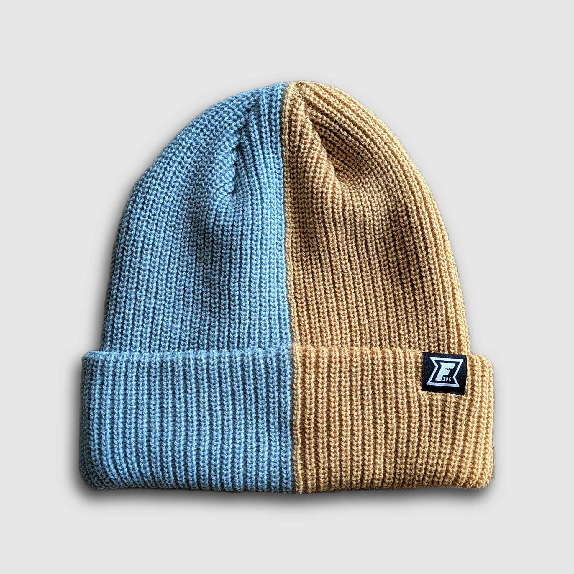 2-Tone Split Color Beanie - Mineral Blue/Tan