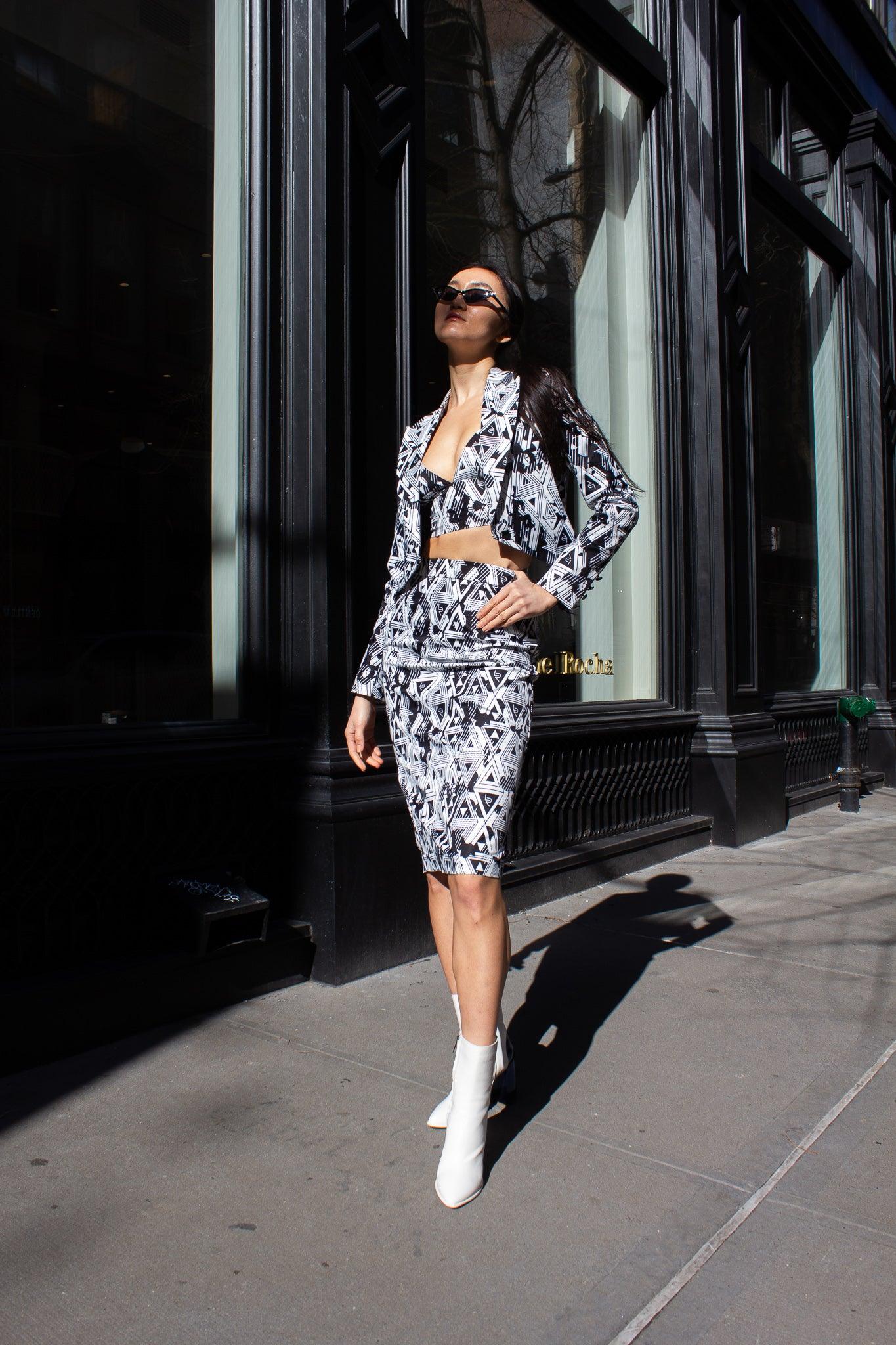 Jupe crayon géométrique Amour – Jupe ajustée élégante pour femme