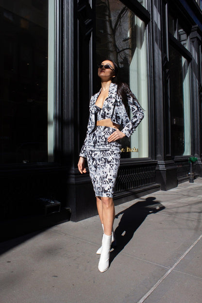 Jupe crayon géométrique Amour – Jupe ajustée élégante pour femme