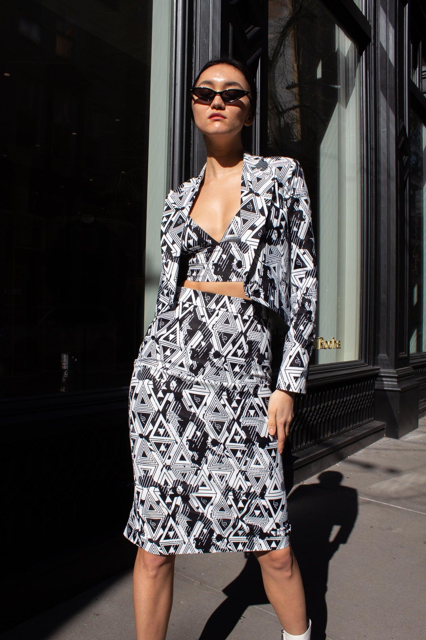 Jupe crayon géométrique Amour – Jupe ajustée élégante pour femme