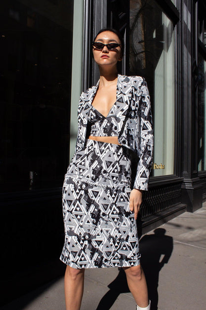 Jupe crayon géométrique Amour – Jupe ajustée élégante pour femme