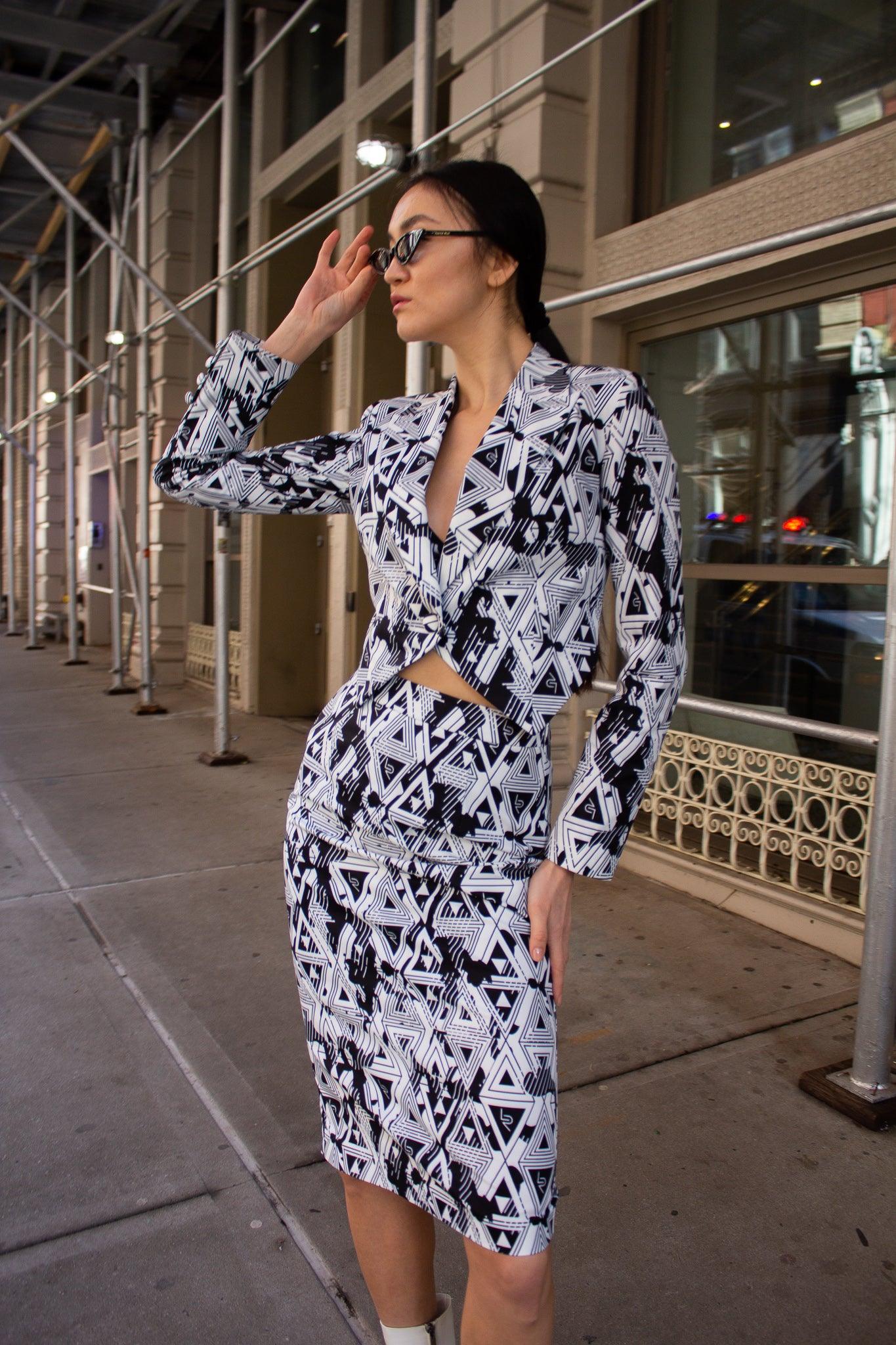 Jupe crayon géométrique Amour – Jupe ajustée élégante pour femme