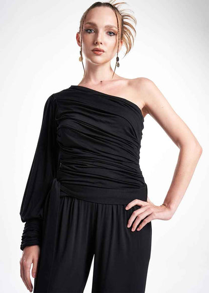 LavaNera One Shoulder Black Jersey Viscose Blouse