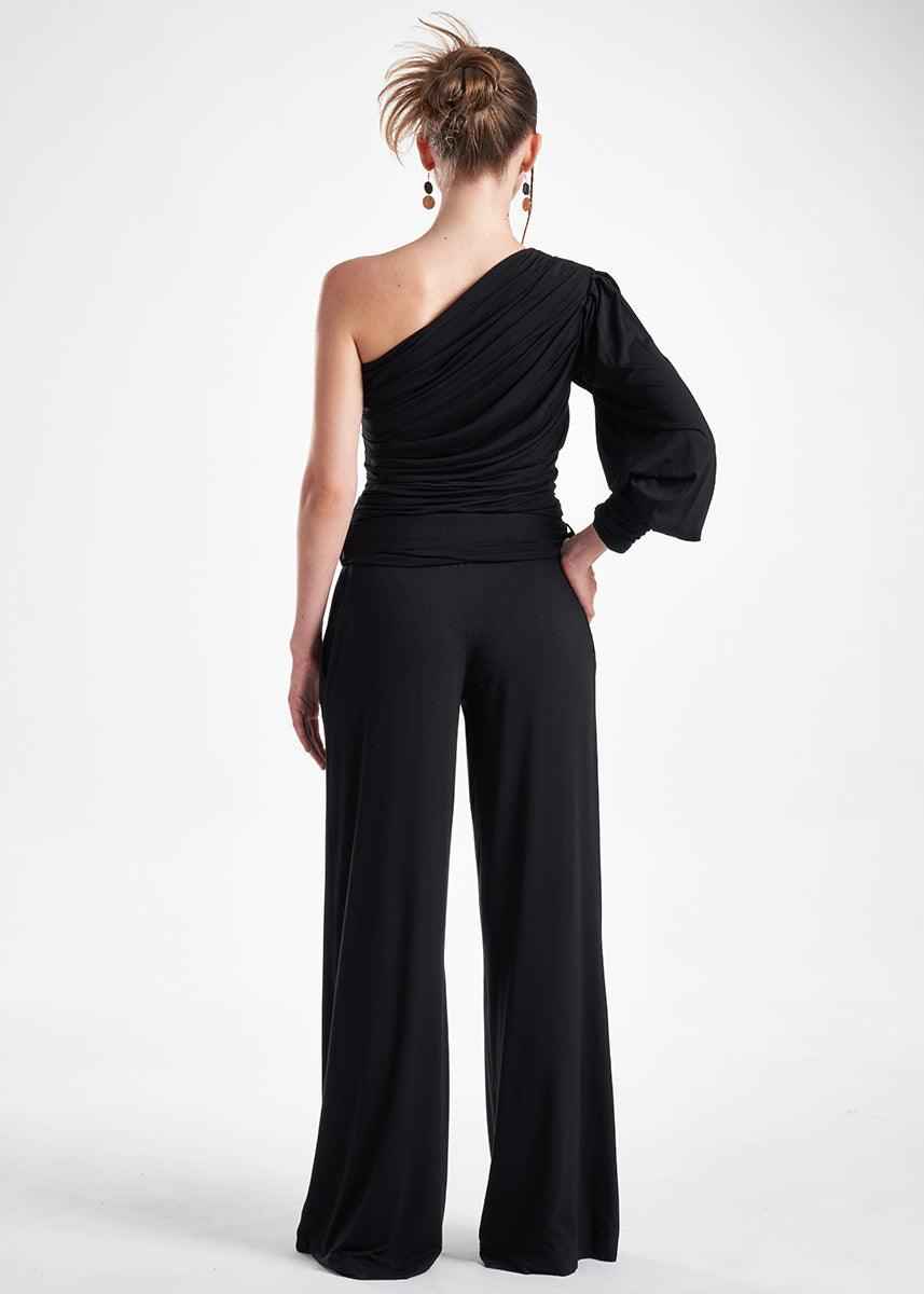 Black Knit 2-Piece Set With An Asymmetrical One-Sleeve Blouse And Palazzo Pants
