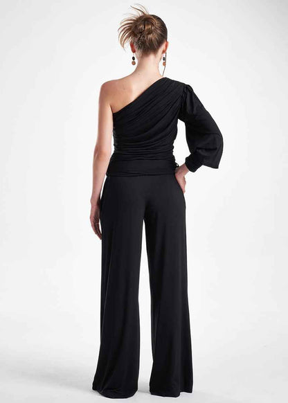 Black Knit 2-Piece Set With An Asymmetrical One-Sleeve Blouse And Palazzo Pants