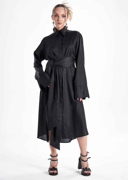 Lightweight And Breathable Deep Black Set With Maxi Button Down And Palazzo Pants