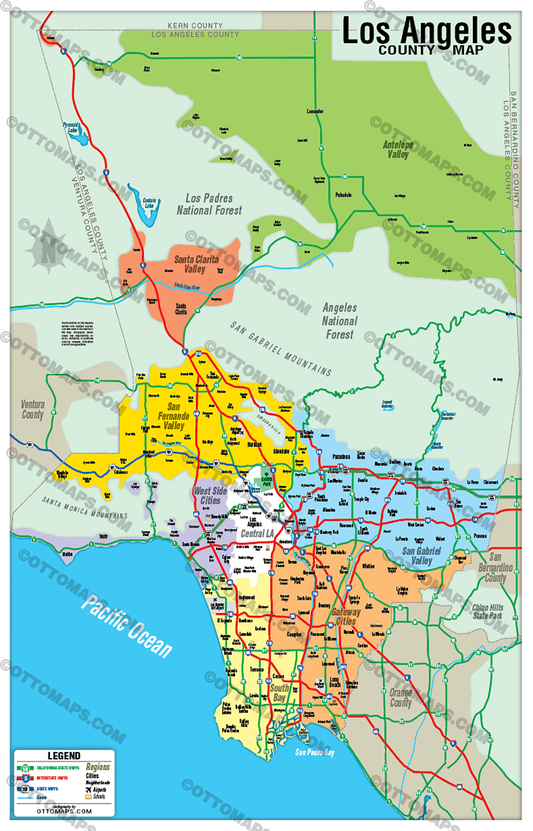 Los Angeles County Map - Regions Colorized (No Zip Codes) - POSTER PRINTS