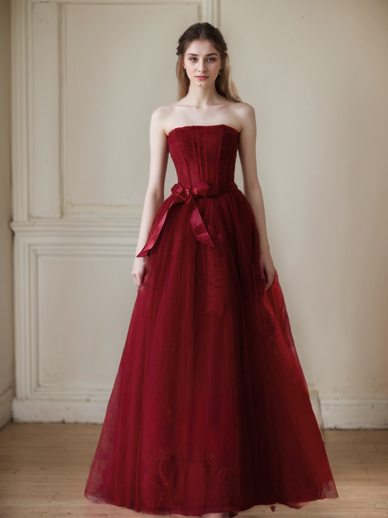 Elegant Strapless Burgundy Tulle Ball Gown with Corset Back and Ribbon Tie