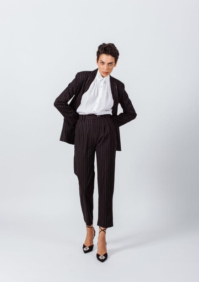 Pantalon de costume noir à rayures fines – Pantalon de bureau sur mesure pour femme