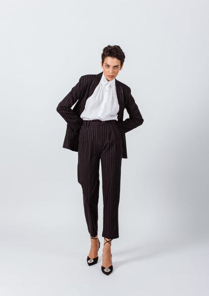 Pantalon de costume noir à rayures fines – Pantalon de bureau sur mesure pour femme
