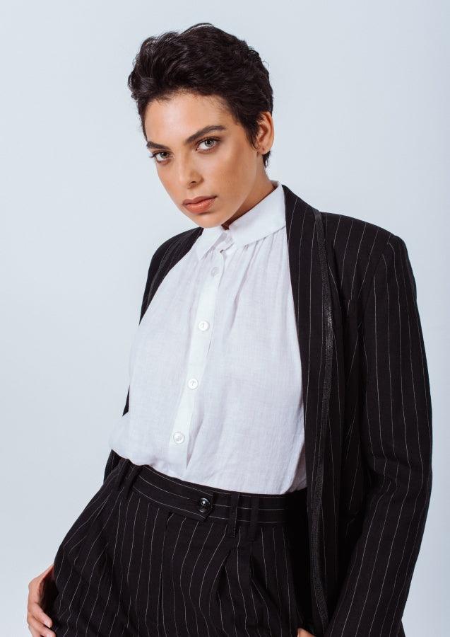 Pantalon de costume noir à rayures fines – Pantalon de bureau sur mesure pour femme