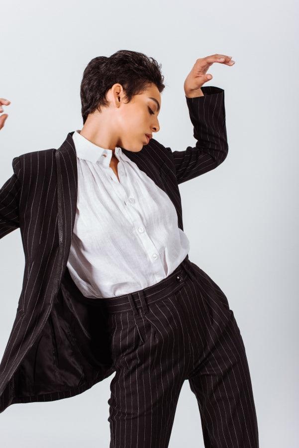 Pantalon de costume noir à rayures fines – Pantalon de bureau sur mesure pour femme