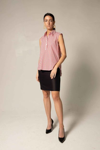 Italian Cotton Stripe Red Sleeveless Top – Women’s Chic Summer Top