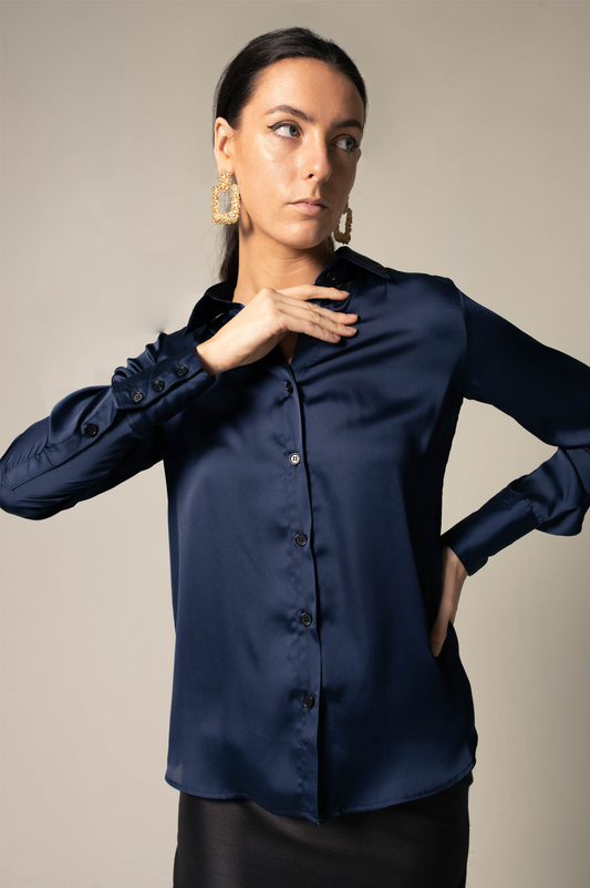 Classy Women Silk Blouse in Royal Blue – Elegant Silk Top - Lolomo!
