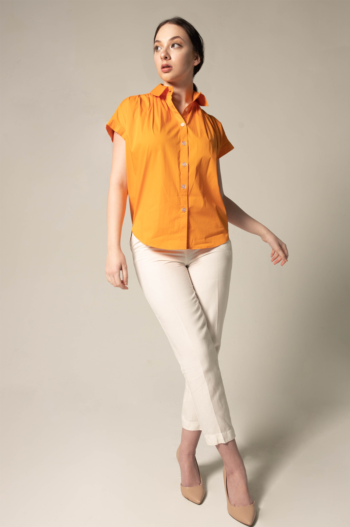 Womens Gather Collar Shirt in Orange – Stylish Gathered Blouse - Lolomo!