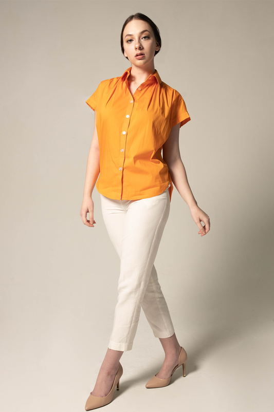 Womens Gather Collar Shirt in Orange – Stylish Gathered Blouse - Lolomo!