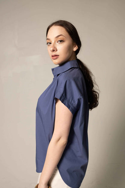 Womens Gather Collar Shirt in Navy – Elegant Blouse