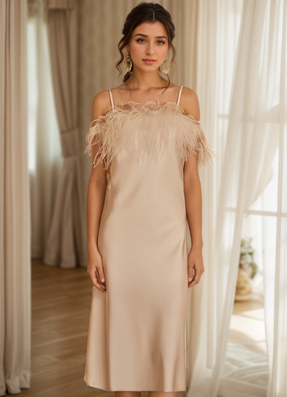 Luxury Ostrich Feather Silky Satin Long Nightgown