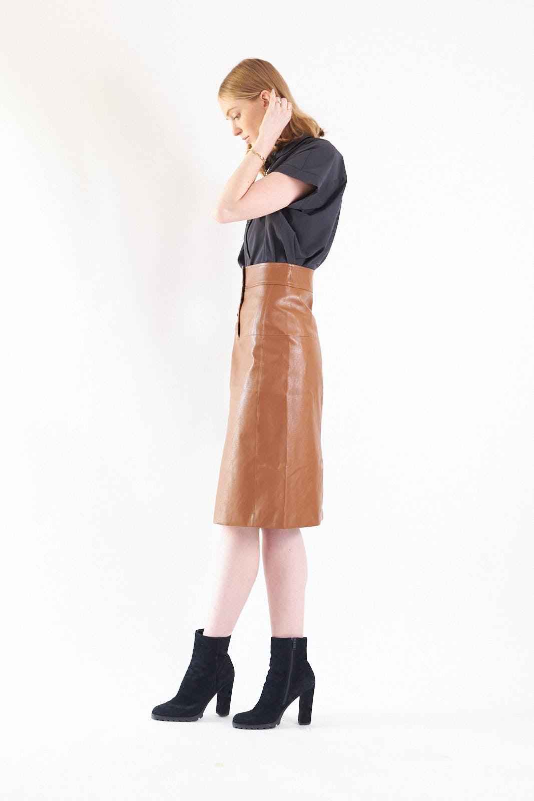 Glossy Brown Vegan Leather Pencil Skirt – Women’s Chic Leather Skirt