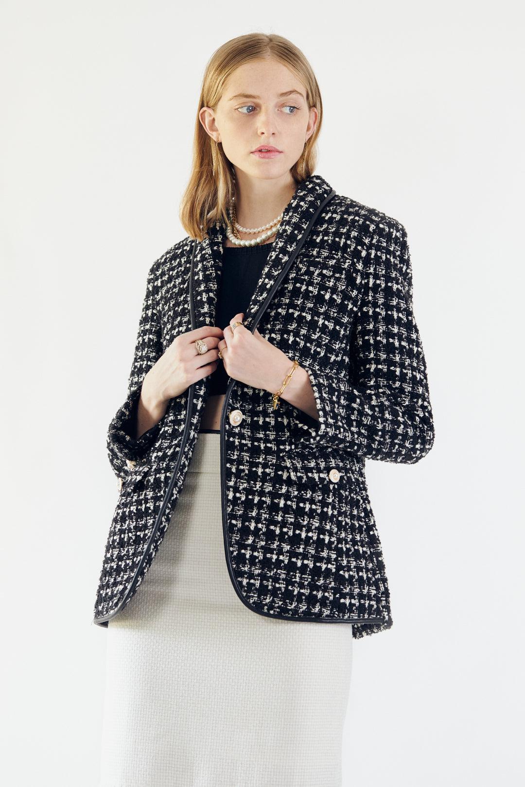 Blazer à carreaux en tweed noir et blanc – Veste cintrée chic pour femme