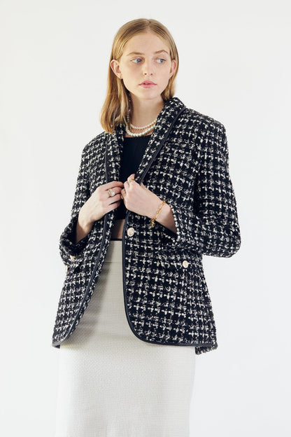 Blazer à carreaux en tweed noir et blanc – Veste cintrée chic pour femme
