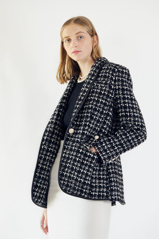 Blazer à carreaux en tweed noir et blanc – Veste cintrée chic pour femme