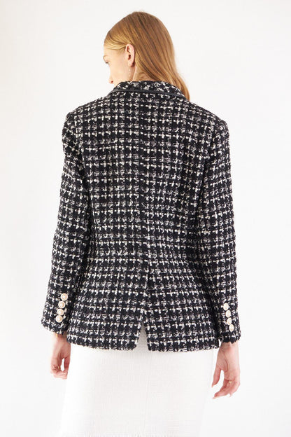 Blazer à carreaux en tweed noir et blanc – Veste cintrée chic pour femme