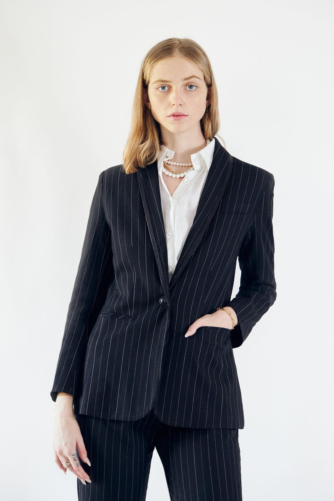 Blazer noir à rayures fines – Veste de bureau ajustée pour femme
