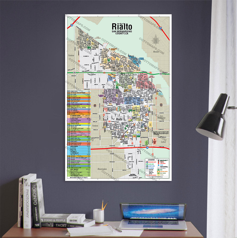 Rialto Map, San Bernardino County, CA - POSTER PRINTS