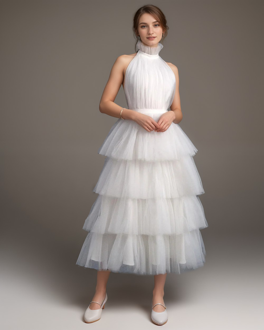 Ruffle Layered tulle Hem Haltered A-line tutu French style long prom dress