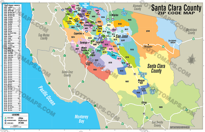 Santa Clara County Zip Code Map - POSTER PRINTS