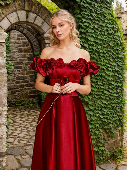 Sexy off-the-shoulder long princess style A-line satin prom dress with Ruffled sleeves