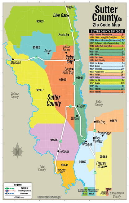 Sutter County Zip Code Map - POSTER PRINTS