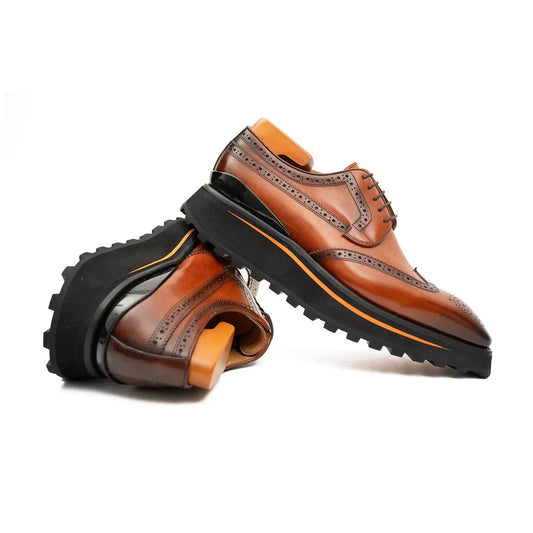 Thick-soled calfskin formal brogue derby shoes Brown