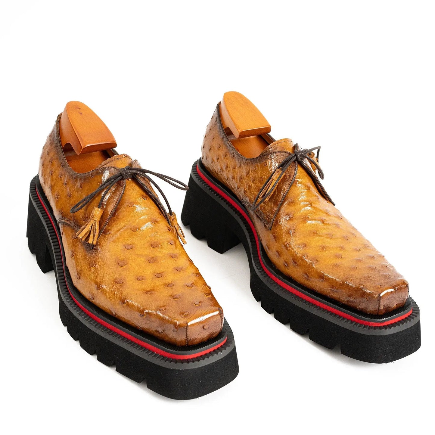 Thick-soled ochre ostrich leather Derby shoes