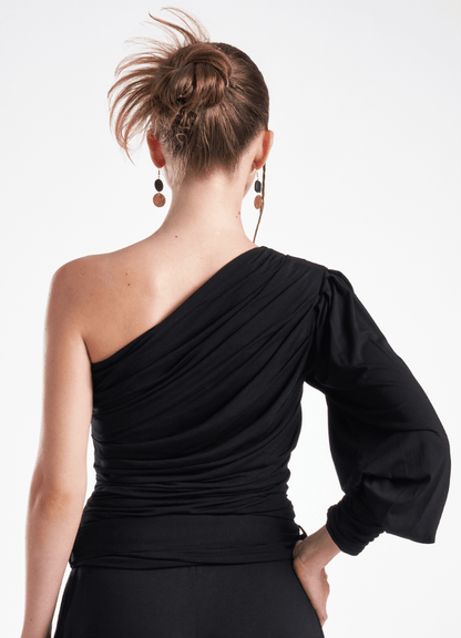 LavaNera One Shoulder Black Jersey Viscose Blouse