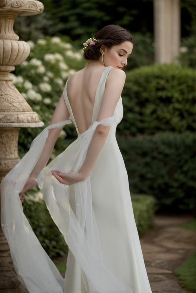 V-neck Low back wide straps Mermaid Satin wedding dress with beaded soft tulle ribbon