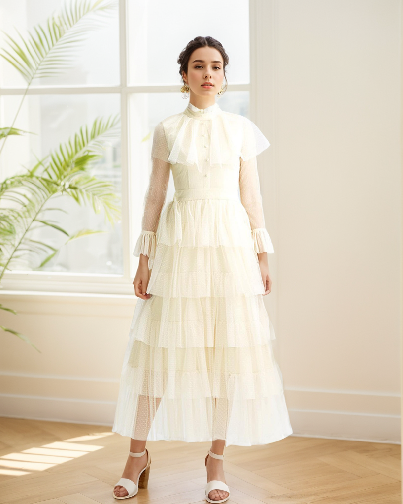 Vintage high neck Layered Ruffle tutu Skirt tulle prom dress with sleeves