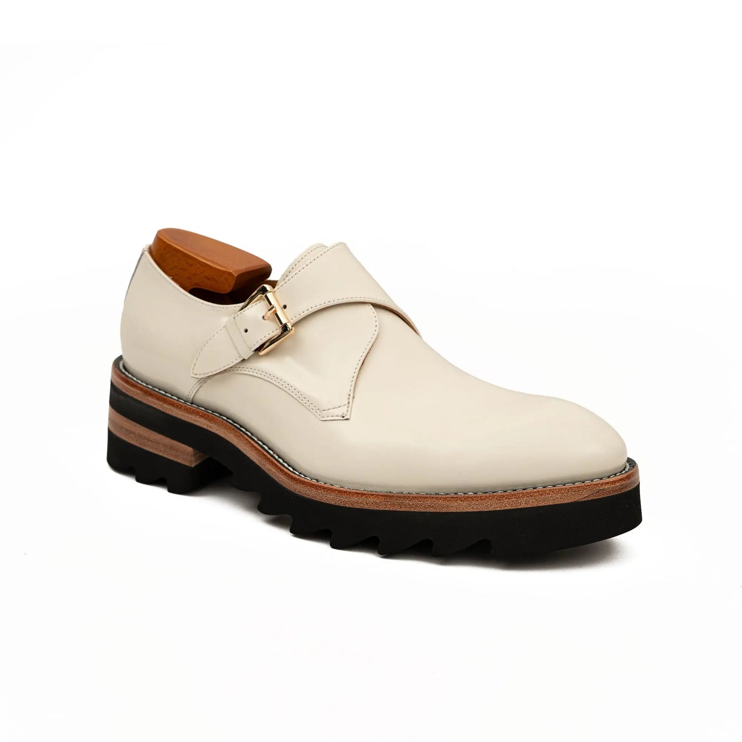 White Leather Monk Strap Shoes with Chunky Soles