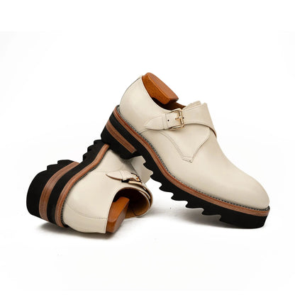 White Leather Monk Strap Shoes with Chunky Soles