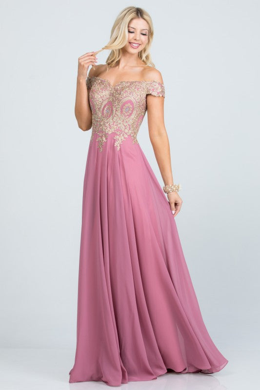 La Scala Off Shoulder Chiffon Gown with Lace Appliques