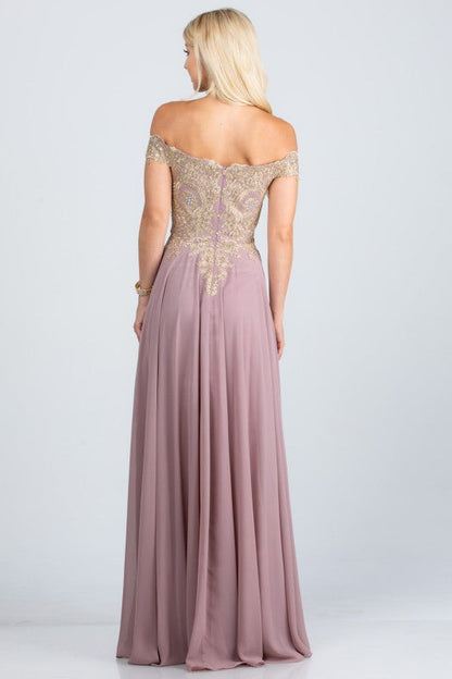 La Scala Off Shoulder Chiffon Gown with Lace Appliques