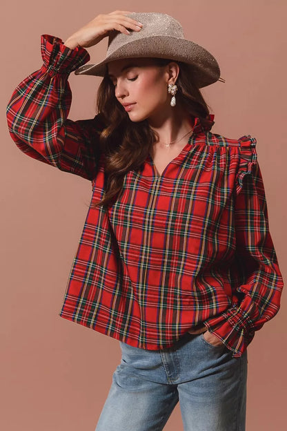 SO ME Christmas Checkered Plaid Smocked Blouse