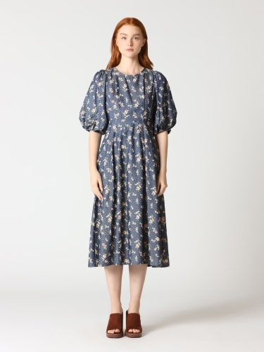 Floral Print Puff Sleeve Round Neck Long Dress - Gracia D32724