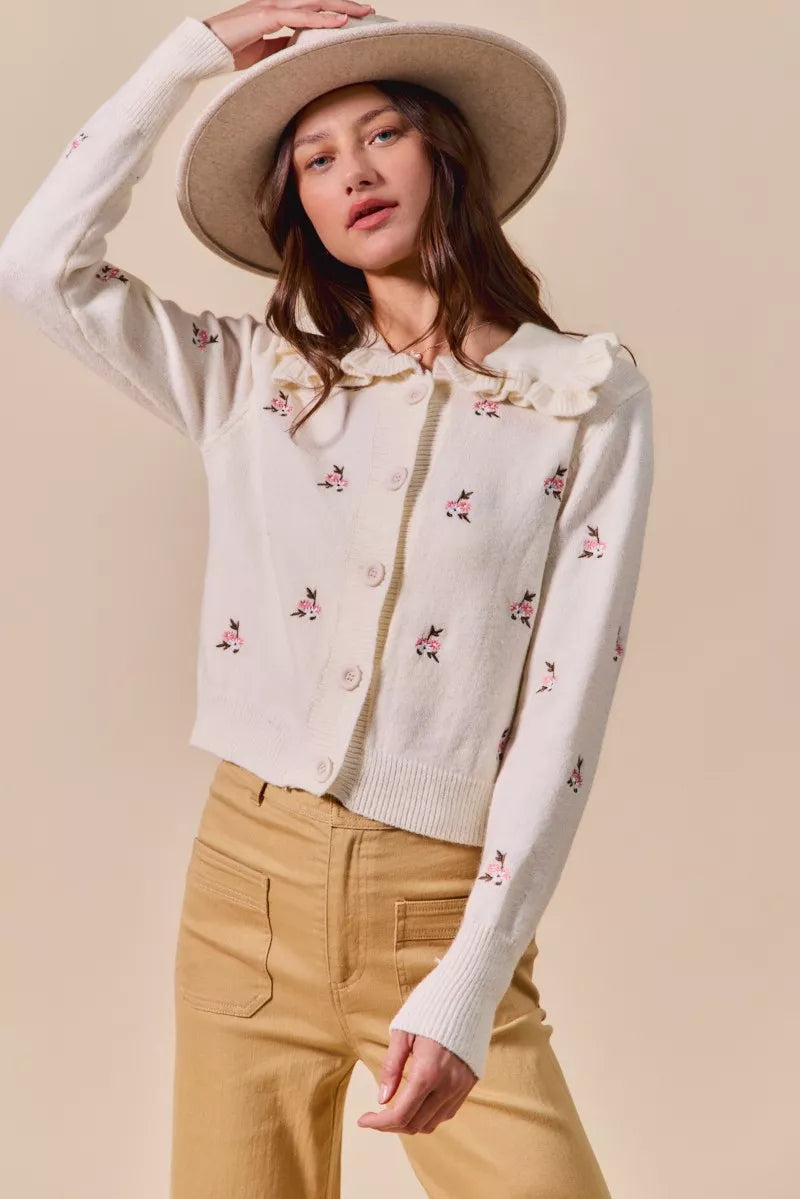 SO ME Collared Floral Embroidered Button Down Sweater Cardigan