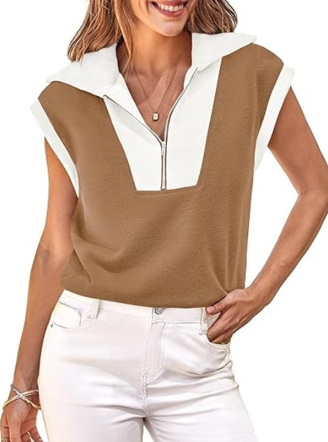 Fisoew Color‑Block Half‑Zip Polo Sweatshirt
