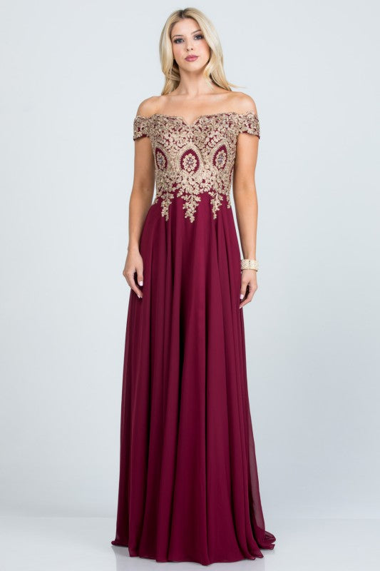 La Scala Off Shoulder Chiffon Gown with Lace Appliques