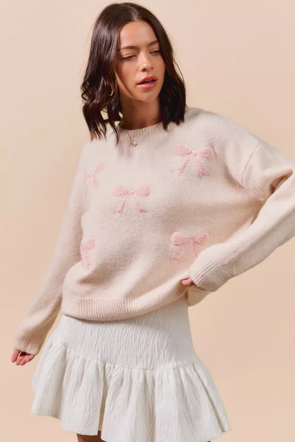 SO ME Embroidered Ribbon Round Neck Sweater