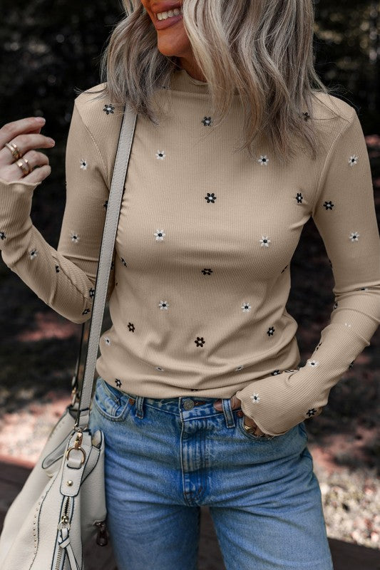 Floral Ribbed Embroidered Long Sleeve Top
