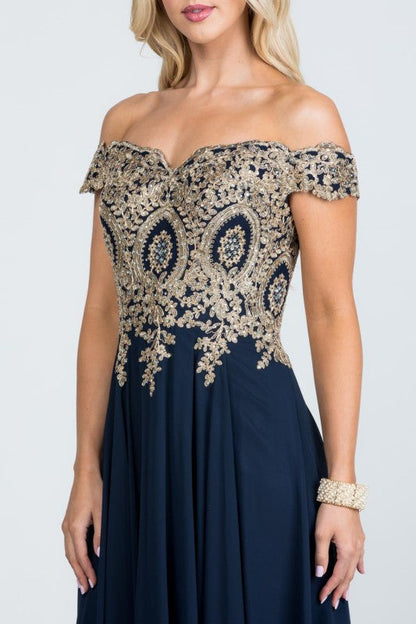 La Scala Off Shoulder Chiffon Gown with Lace Appliques